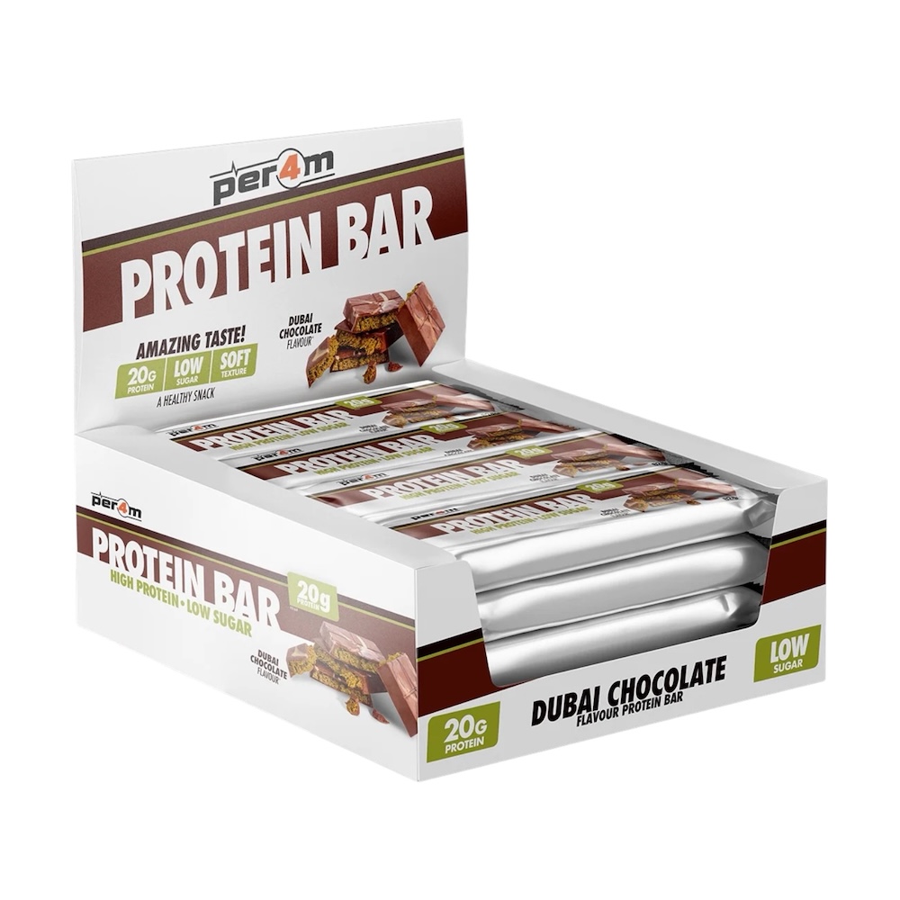 Dubai Chocolate Protein Bars Box Per4m Nutrition 12x 62g